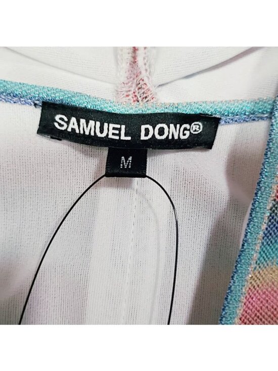 Samuel Dong Size M/L Striped Halter Midi Dress Handkerchief Hem & Metallic Sheen - Picture 3 of 15